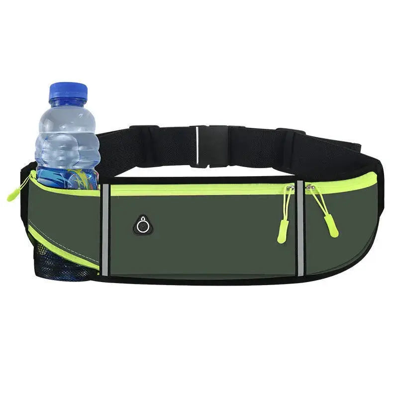 Outdoor running waist bag with bottle holder; dark green body, neon-yellow zippers, three waterproof pockets.