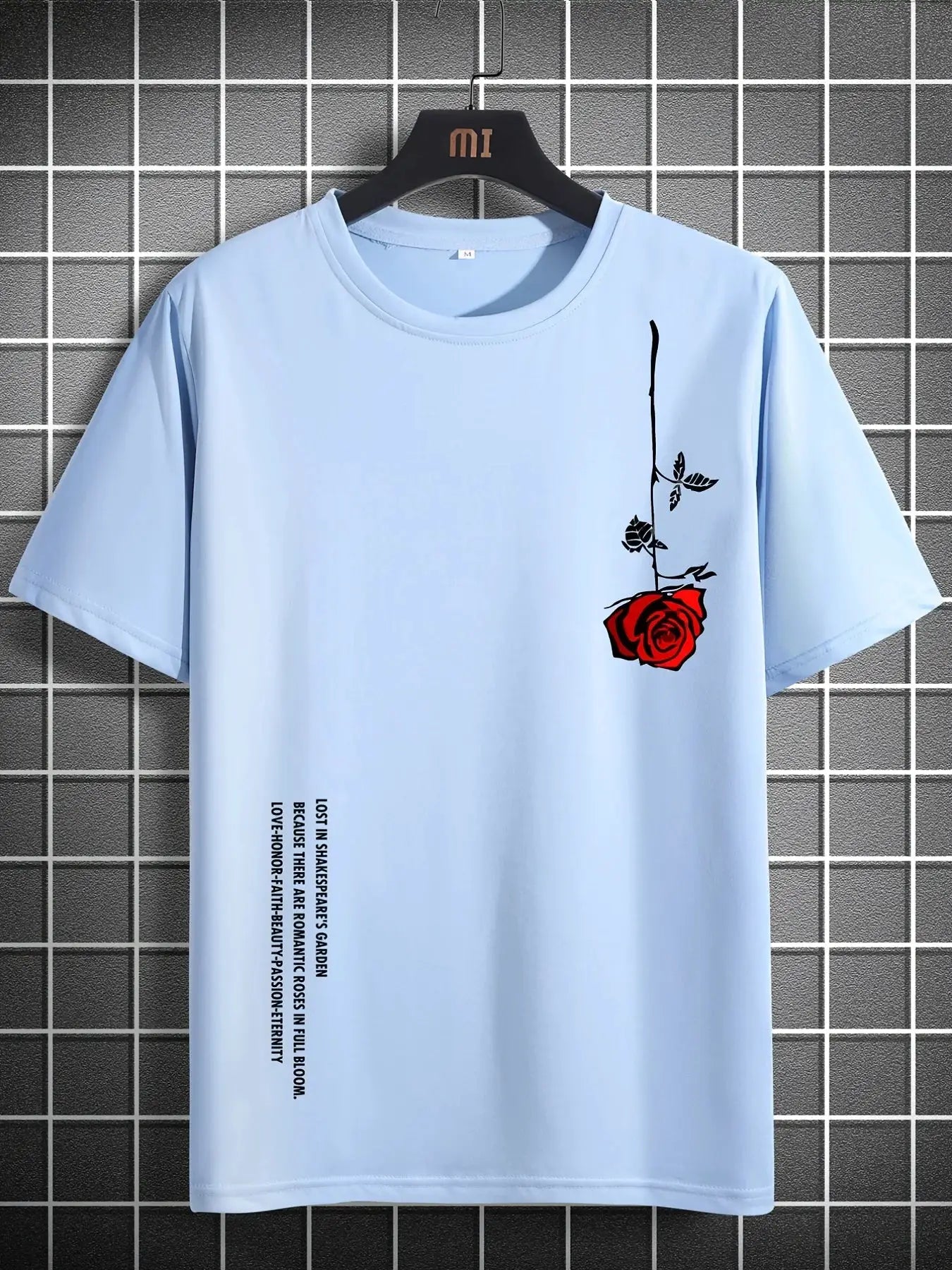 Men's 100 Percent Cotton Rose Print T Shirt Summer Casual Slim Fit Round Neck Short Sleeve Top