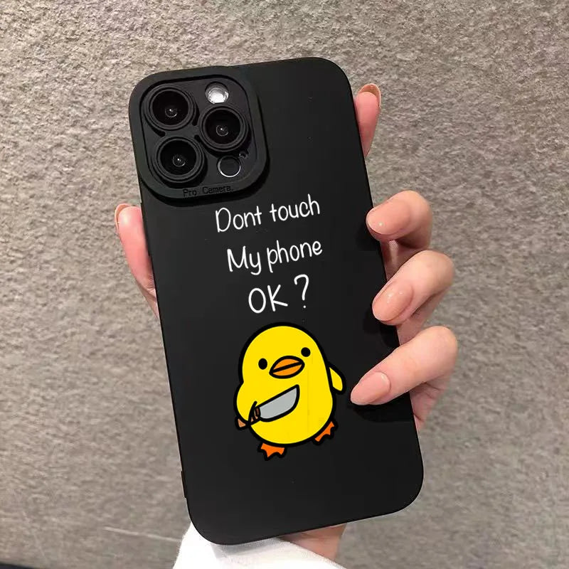 Cute Minimalist Duck Silicone Phone Case for iPhone models by Simples Market in black with a yellow duck illustration