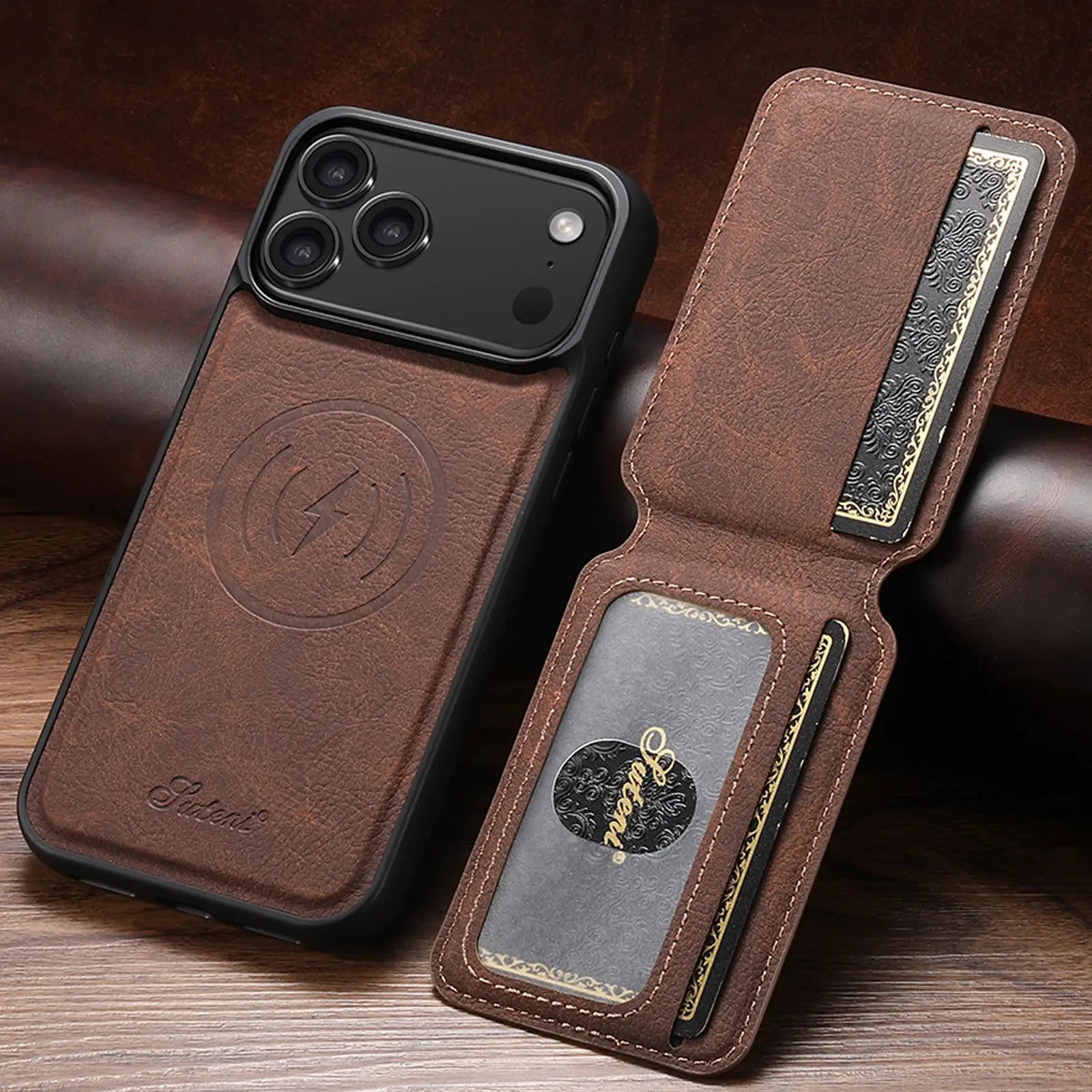 SUTENI Wireless Charging Case With Magnetic Card Holder Stand For iPhone 12 Through 17 Pro Max PU Leather