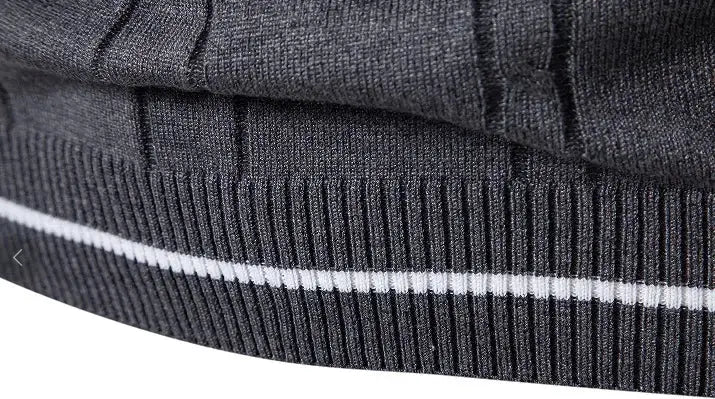 Men's dark gray knitted vest with ribbed hem and white stripe detail.