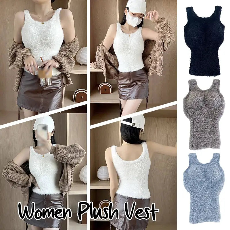 Women plush fleece tank top vest in white; color options shown (black, gray, blue)