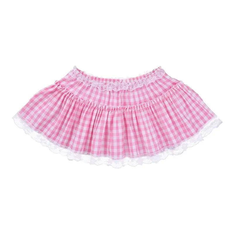 Women's pink gingham lace-trim mini skirt with a ruffle hem