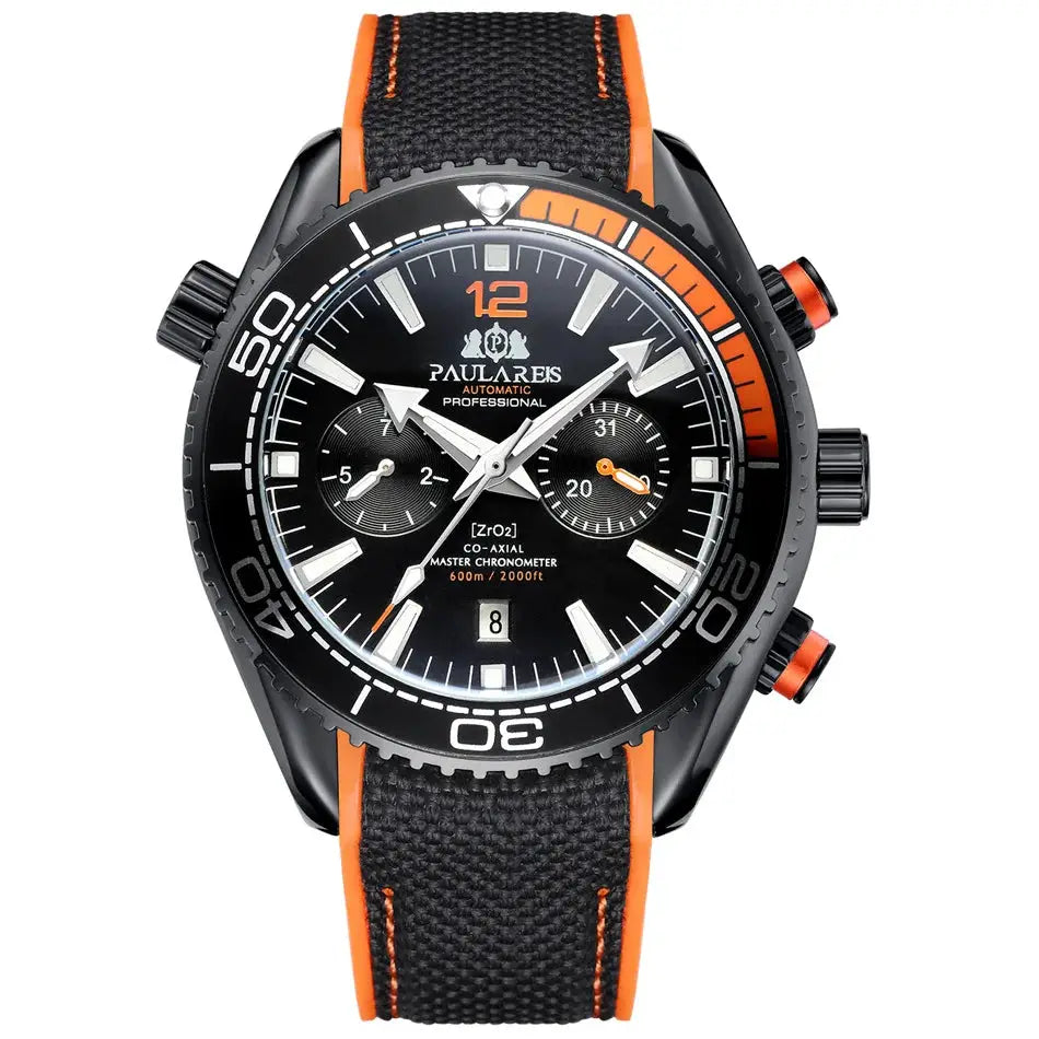 Paulareis P automatic men's watch with black dial, orange accents, and black/orange rubber strap