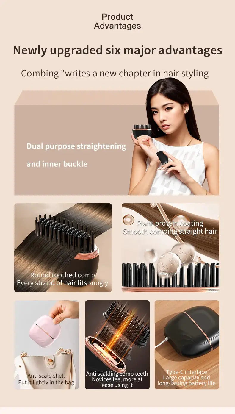 Simples Market mini cordless hair straightener brush; rose-gold accents, rechargeable USB charging, anti-scald design.
