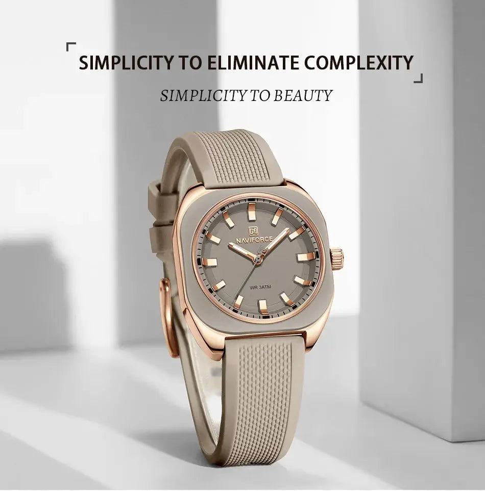 Naviforce women's silicone wristwatch with rose-gold-tone case and beige strap, grey dial