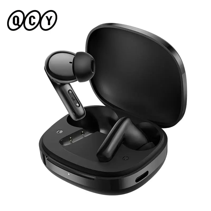 QCY T13 Pro wireless earbuds in a black charging case, Simples Market; 2 earbuds shown.