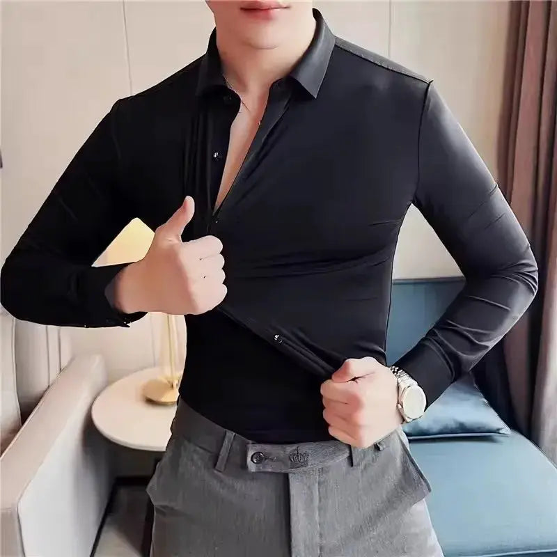Black seamless long-sleeve men's athletic shirt, muscle-fit with high-elastic stretch fabric.
