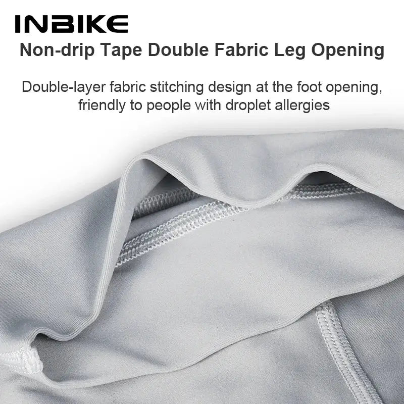 INBIKE cycling bib shorts close-up; gray fabric with double fabric leg opening