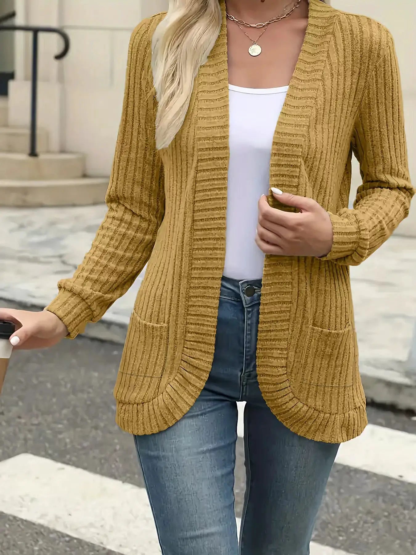 StyleNest Solid Color Brushed Pinstripe Cardigan Jacket For Women With Cozy Warmth And High Stretch Knit