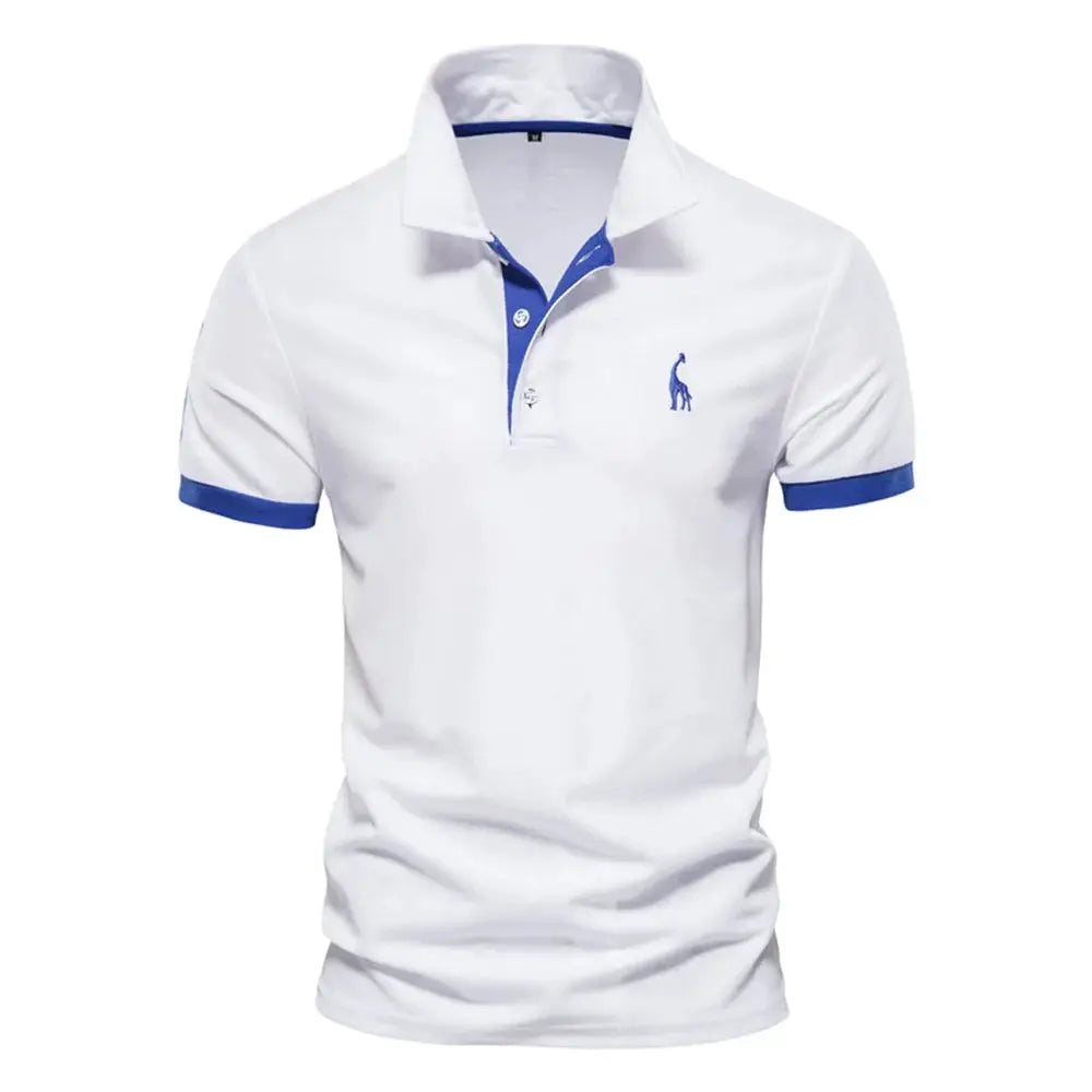 Men's polo shirt with giraffe embroidery, white short-sleeve with blue trim by Simples Market