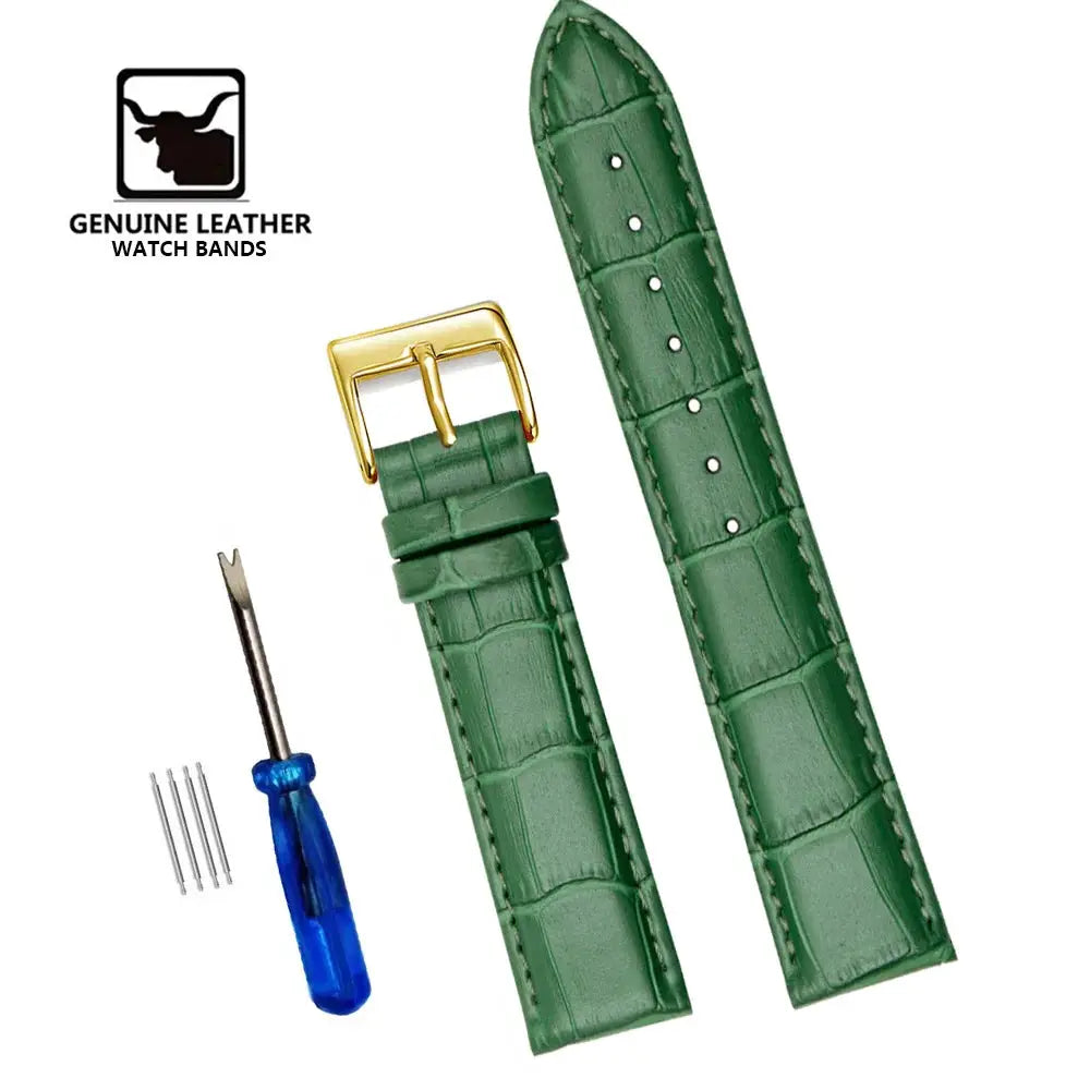 Simples Market genuine leather watch bands, two green crocodile-embossed straps with gold buckle, includes tool and pins.