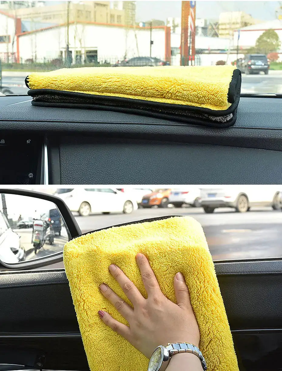 Yellow microfiber car wash towel for drying and detailing on a car dashboard