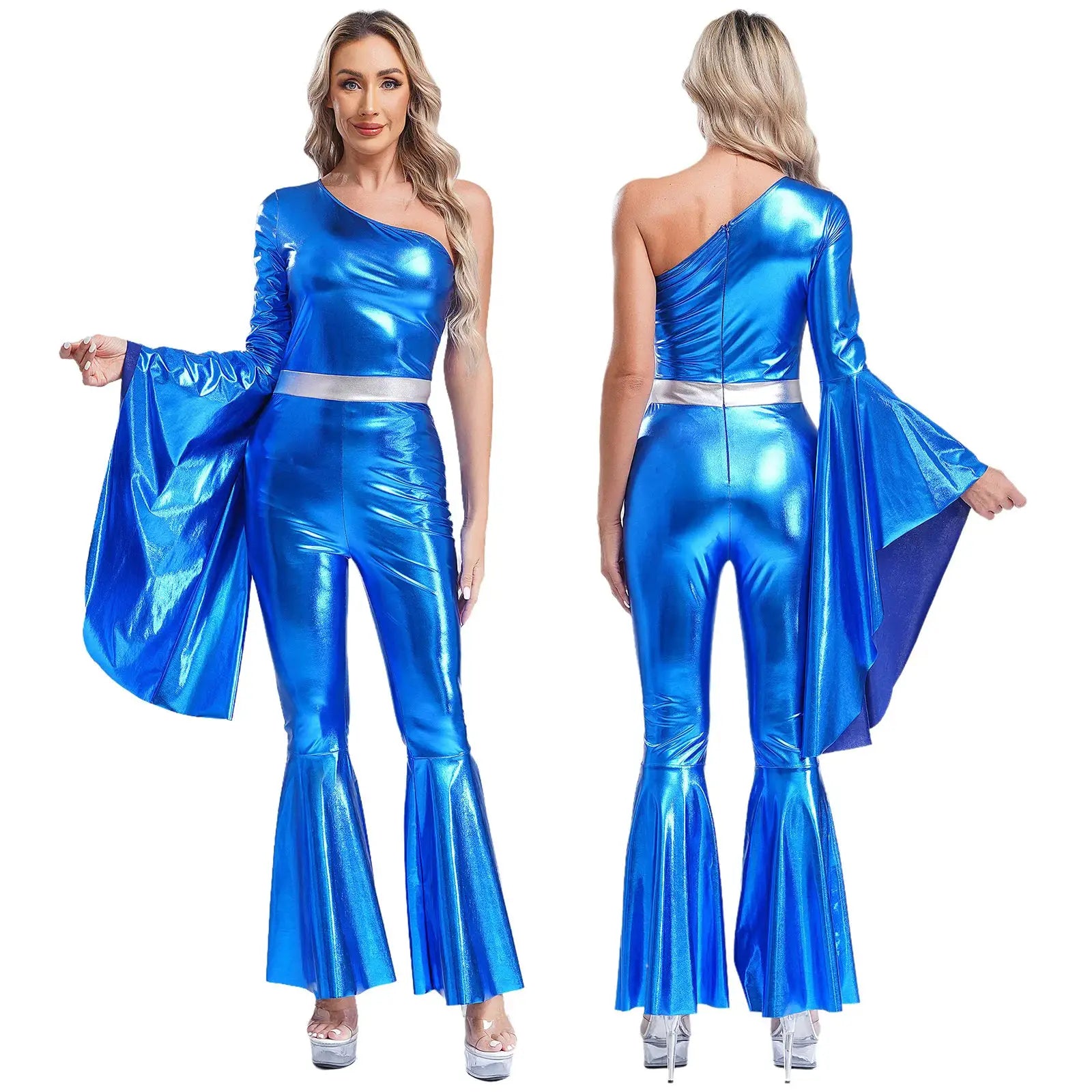 Womens metallic blue one-shoulder jumpsuit with cape sleeves and bell-bottom pants; front and back views