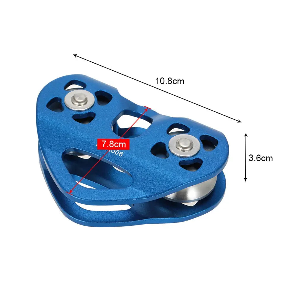 Cable trolley pulley, blue aluminum with ball bearings, dual-wheel design for climbing and rescue work