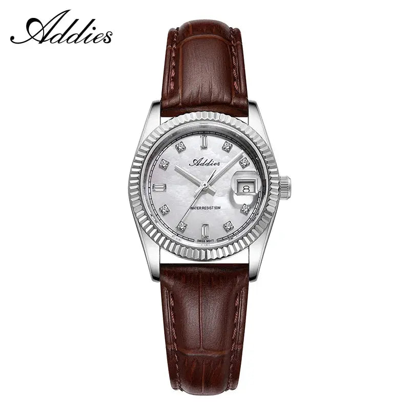 Adddies women's luxury quartz watch, 28mm stainless steel case, sapphire glass, diamond markers, brown leather strap.