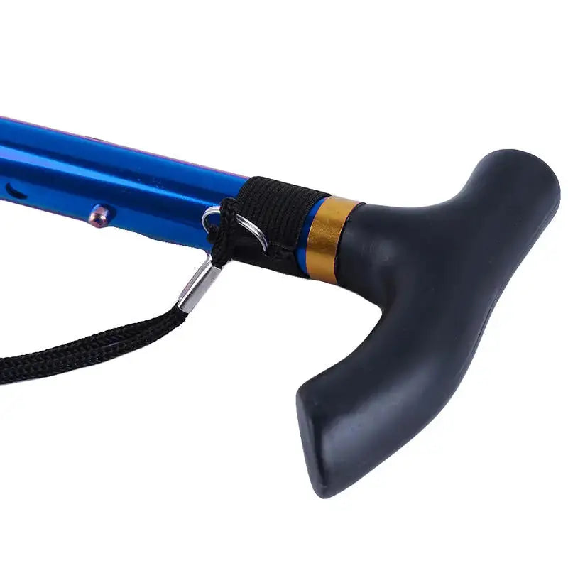 Telescopic walking stick trekking pole with blue aluminum body, black ergonomic handle and adjustable wrist strap.