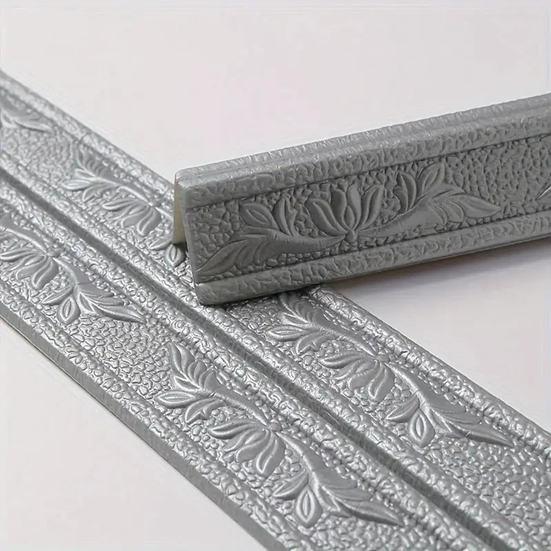 Foam wall edge strip with embossed floral pattern in silver-gray; 230cm long, self-adhesive waterproof baseboard trim.