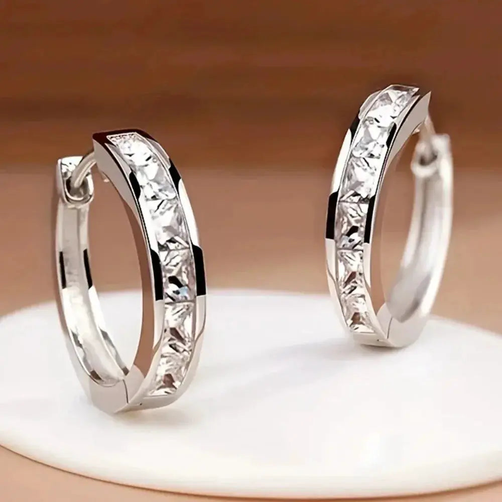 Huitan Classic Design Women Hoop Earrings With Princess Square CZ Zircon Silver Gold Plated Elegant Jewelry