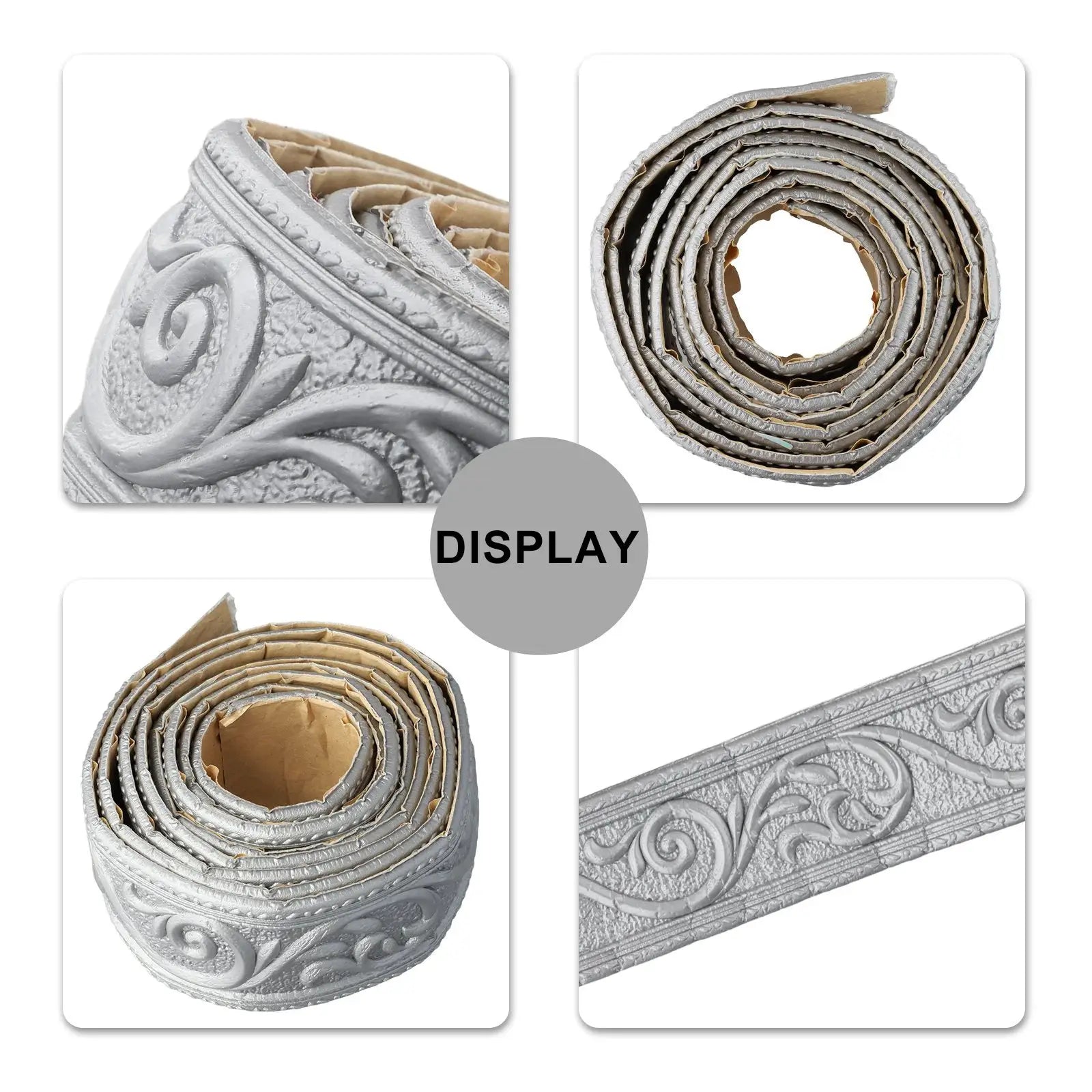 3D wall trim and baseboard wallpaper samples; four gray embossed border panels and rolled strips