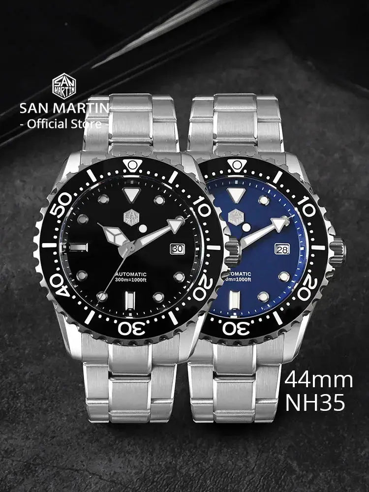 San Martin 44mm diver watches, two shown, stainless steel bracelet, black and blue dials, NH35 automatic.