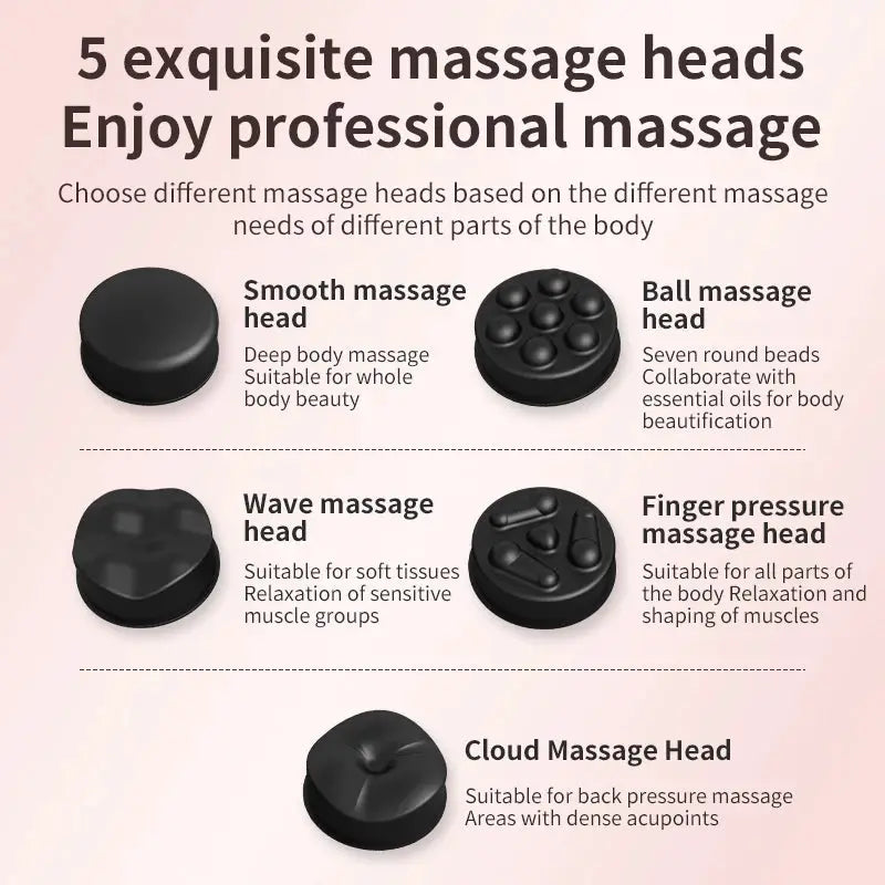 Simples Market 2025 cordless body massager with 5 interchangeable heads: smooth, ball, wave, finger pressure, cloud