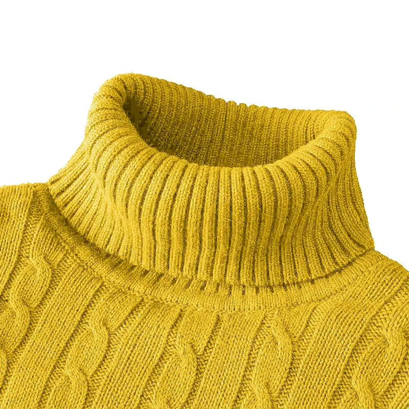 Outdoor men's long-sleeve knitted turtleneck sweater in mustard yellow, cable-knit heavyweight pullover