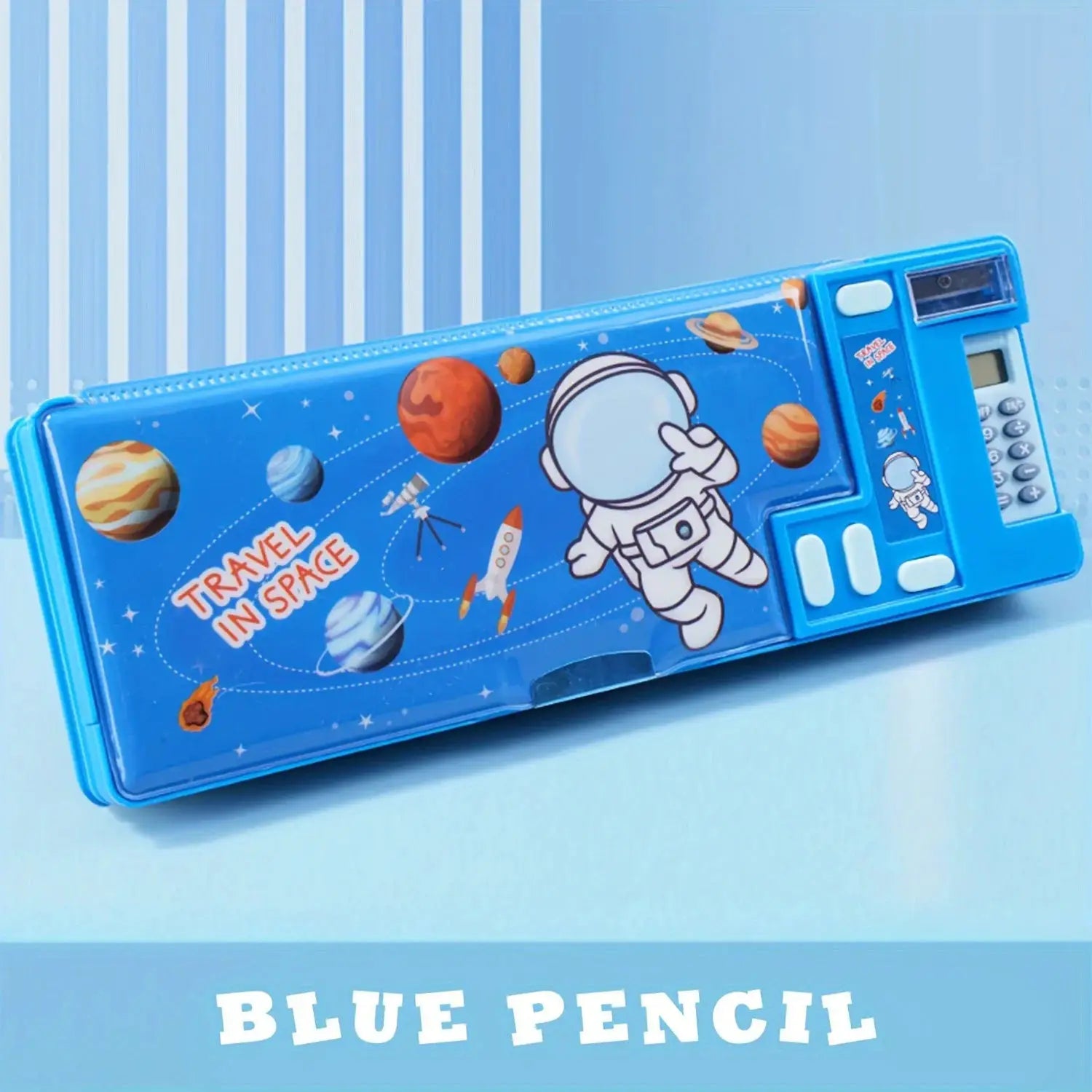 Kids pencil case with built-in calculator and space-themed blue design, desk organizer for pens.