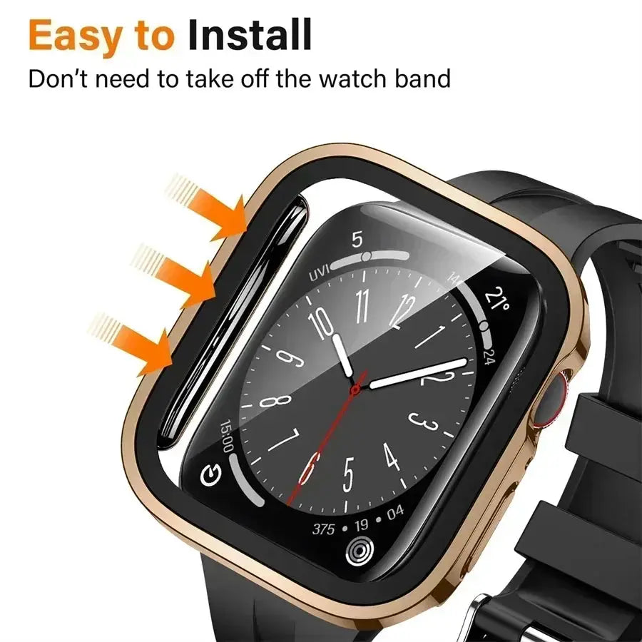 Apple Watch tempered glass screen protector with gold PC bumper for 40–46mm models by Simples Market