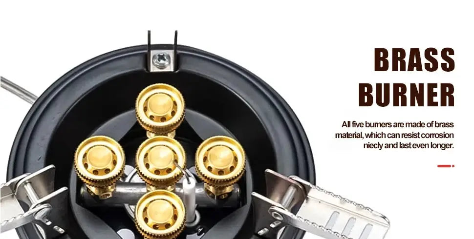 BRS201A camping gas stove with five brass burners and Piezo ignition