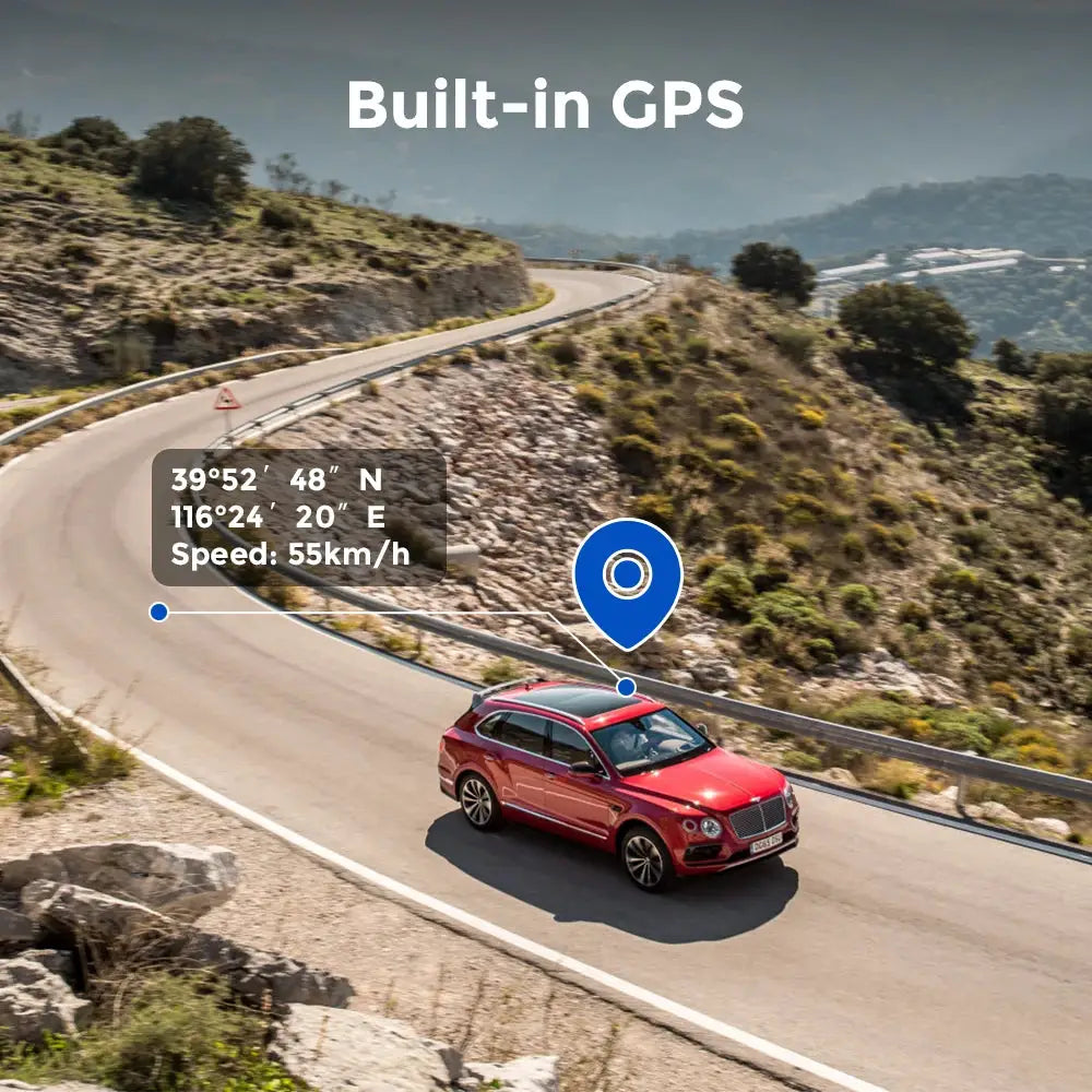 AZDOME M550 Pro dash cam with built-in GPS, shown on a red car driving a winding mountain road with coordinates overlay.