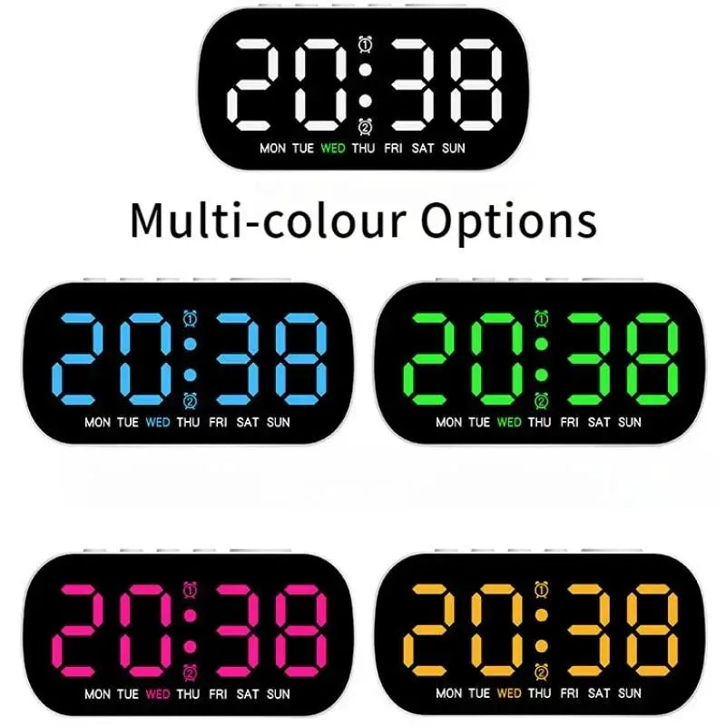 Digital alarm clocks in five color variants; USB powered with date, temperature, weekday, and dual alarms.