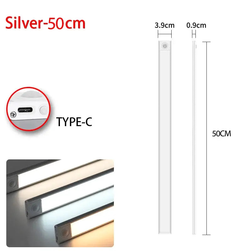 Silver 50cm LED motion sensor under-cabinet light with USB Type-C port