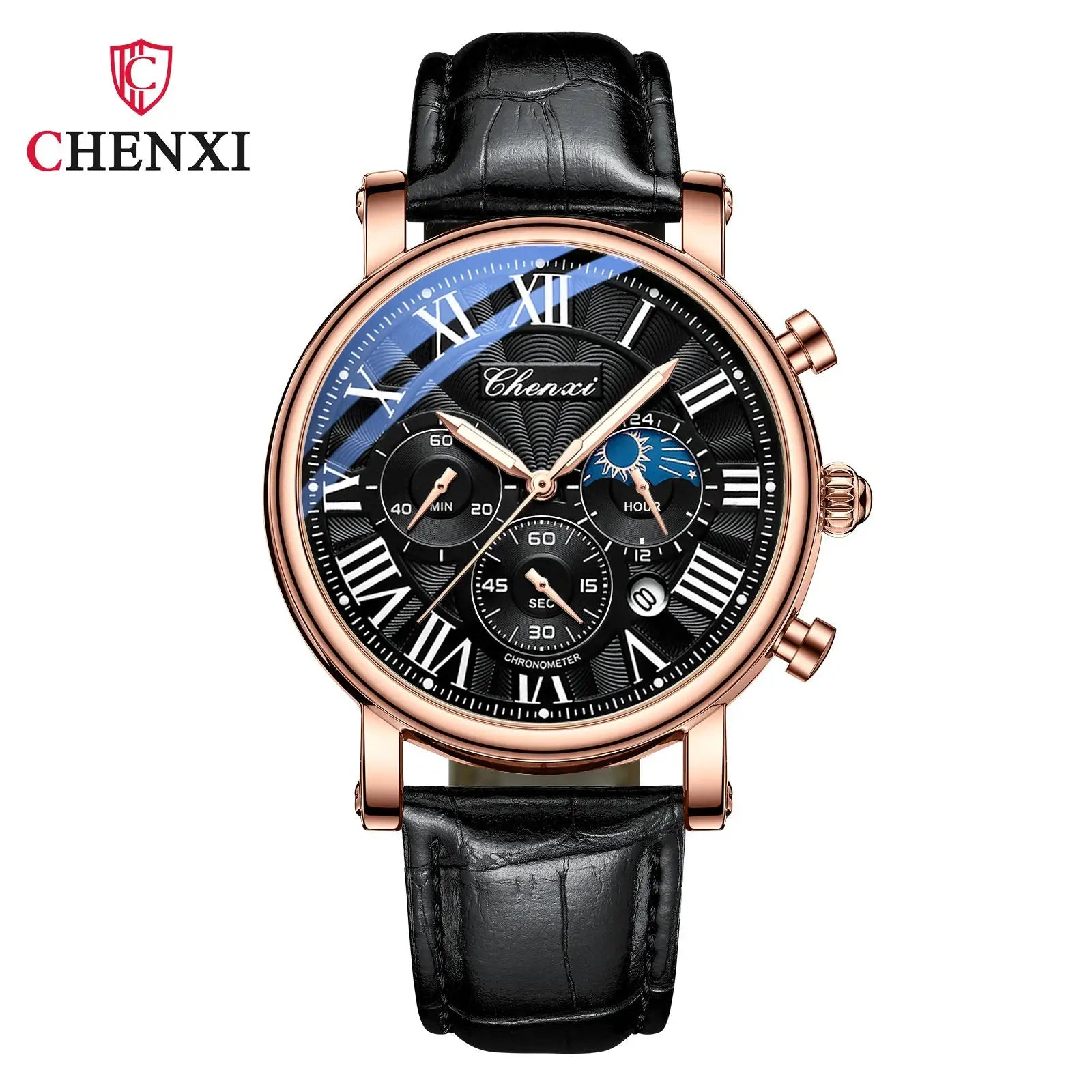 Chenxi 973 Moon Phase Date Analog Mens Wristwatch With Water Resistant Leather Strap And Imported Quartz Movement
