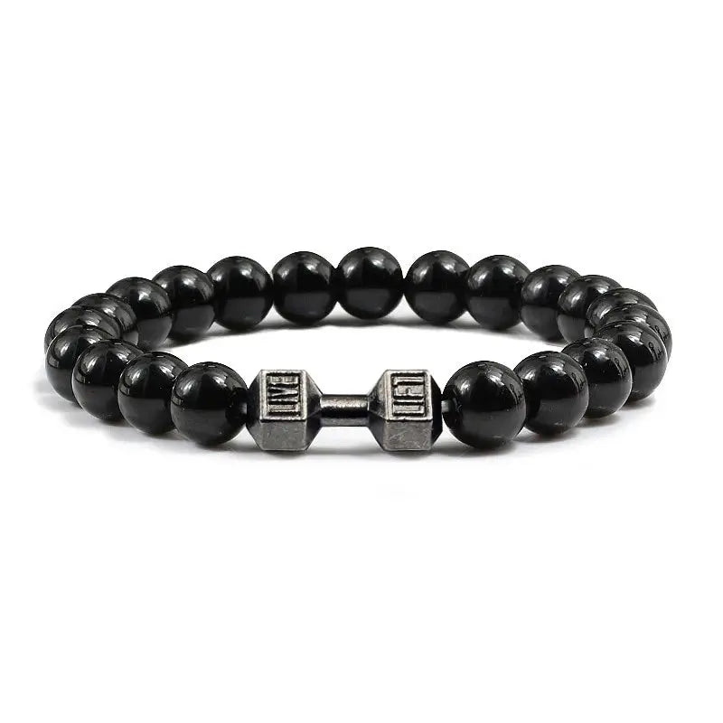 Natural Volcanic Stone Bracelet For Men And Women Matte Black Lava White Beads Dumbbell Charm Strand Fitness Jewelry