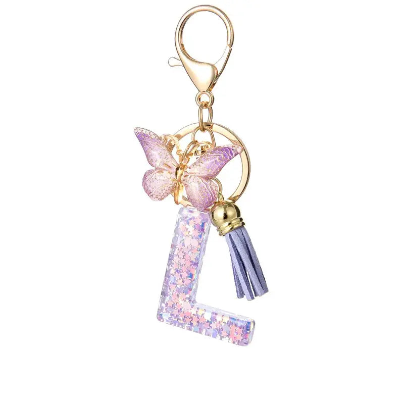 Sequin Letters Keychain For Women With Tassel Butterfly Pendant Initial Key Ring Purse Charm Car Key Chain Accessories