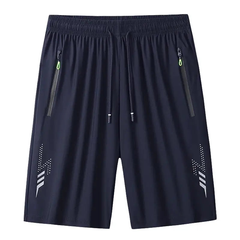 Men's black athletic shorts with elastic waist, quick-dry fabric, neon green zip pockets, and side graphic prints.