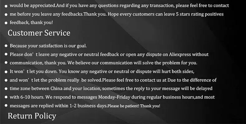 Customer Service and Return Policy screen with bullet-point guidelines on satisfaction, feedback, and response times.