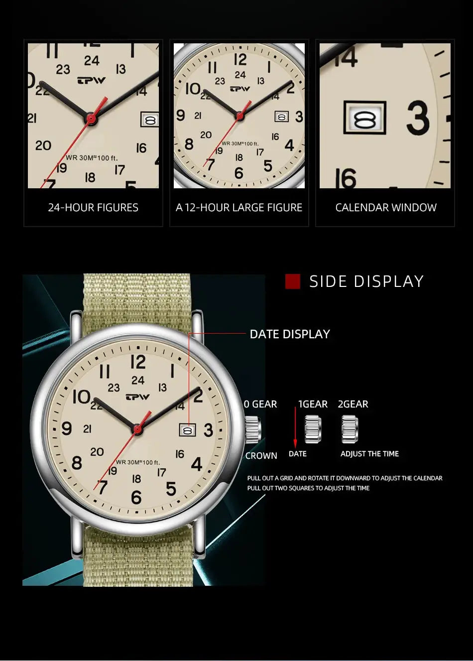 Simples Market 2026 TPW Field Watch with beige dial, 24-hour display, fabric strap, and date window.