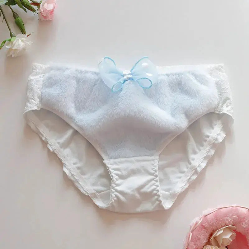 Women's plush front panties in light blue with white lace sides and a blue bow, Simples Market
