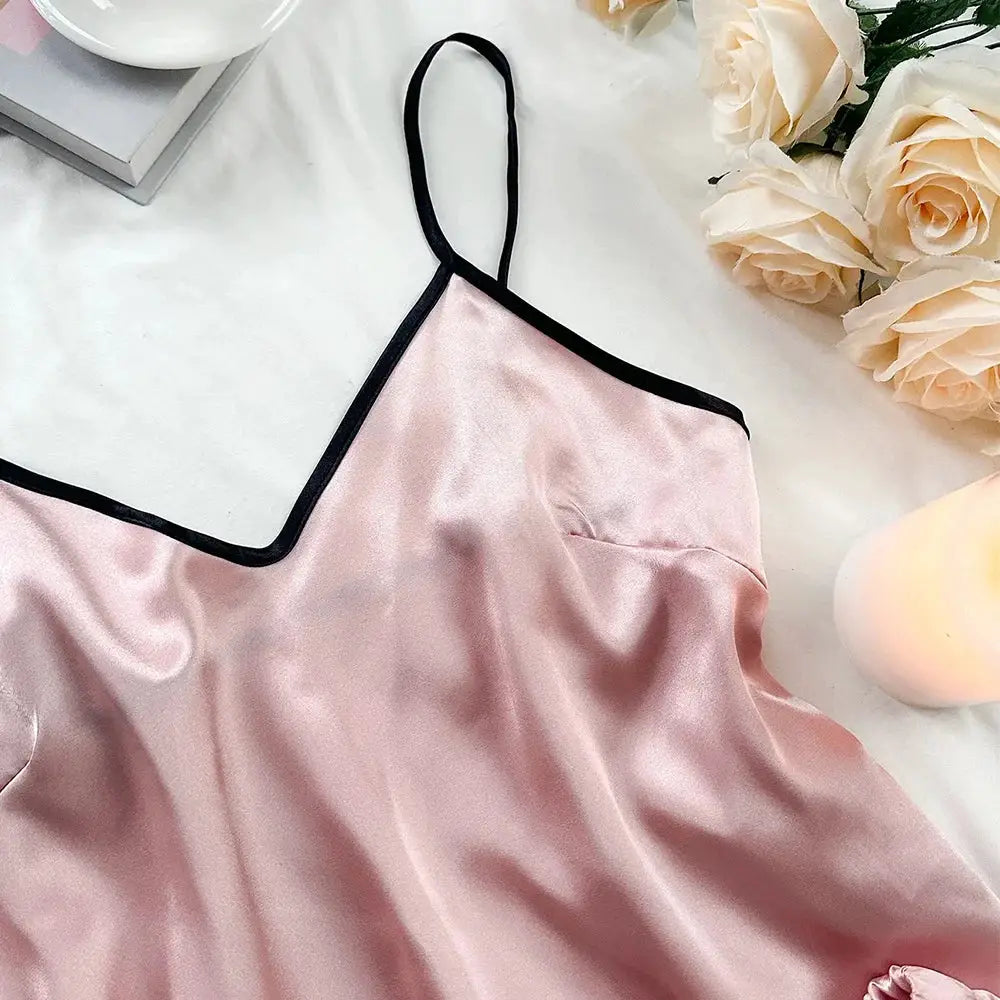 LuxeLuna Satin Pajama Set With Breathable V Neck Top Ruffled Edges And Bow Shorts
