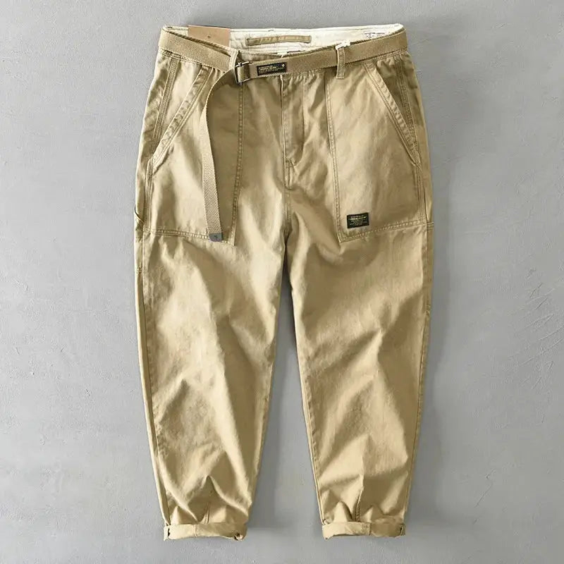 Men's pure cotton cargo pants, beige, with belt, mid-rise for casual wear, Simples Market