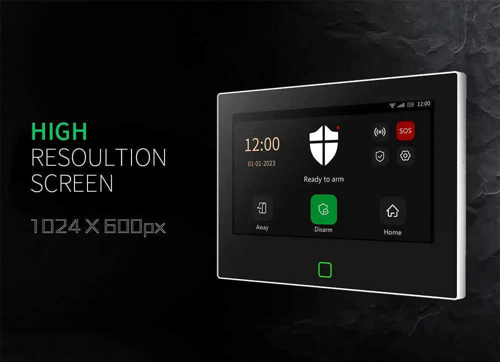 Staniot 7-inch wireless home alarm panel with black frame and touchscreen display by Simples Market