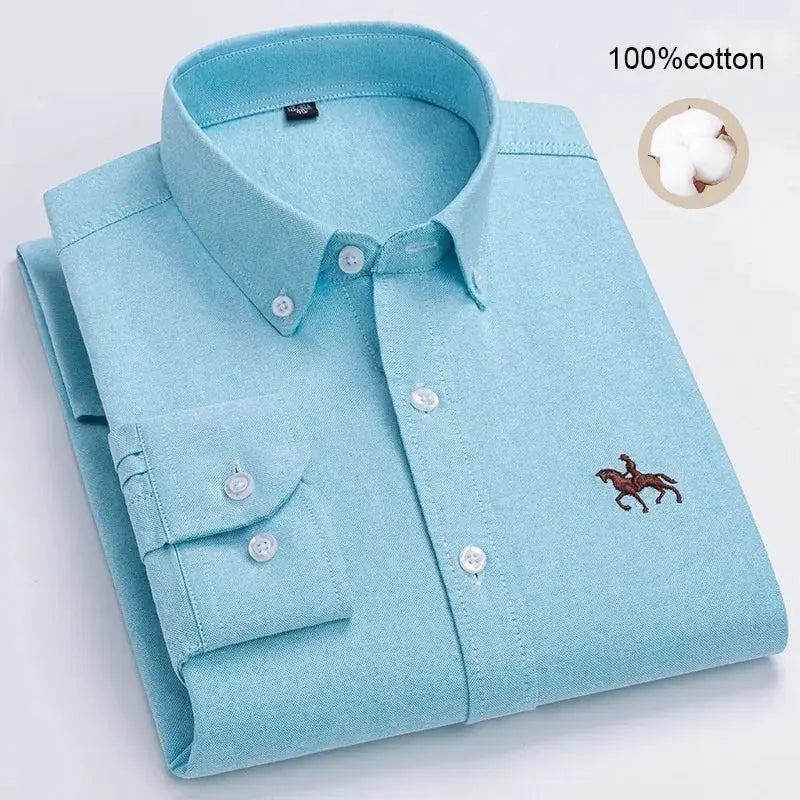 Men's 100% cotton oxford shirt, light blue, long sleeve, large size, Simples Market with horse logo embroidery