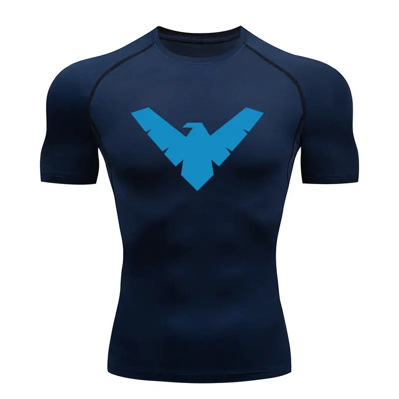Men's navy blue short-sleeve compression athletic shirt by Simples Market with light blue logo