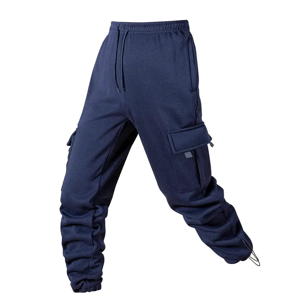Men's navy cargo joggers with drawstring waist, multiple pockets and elastic cuffs