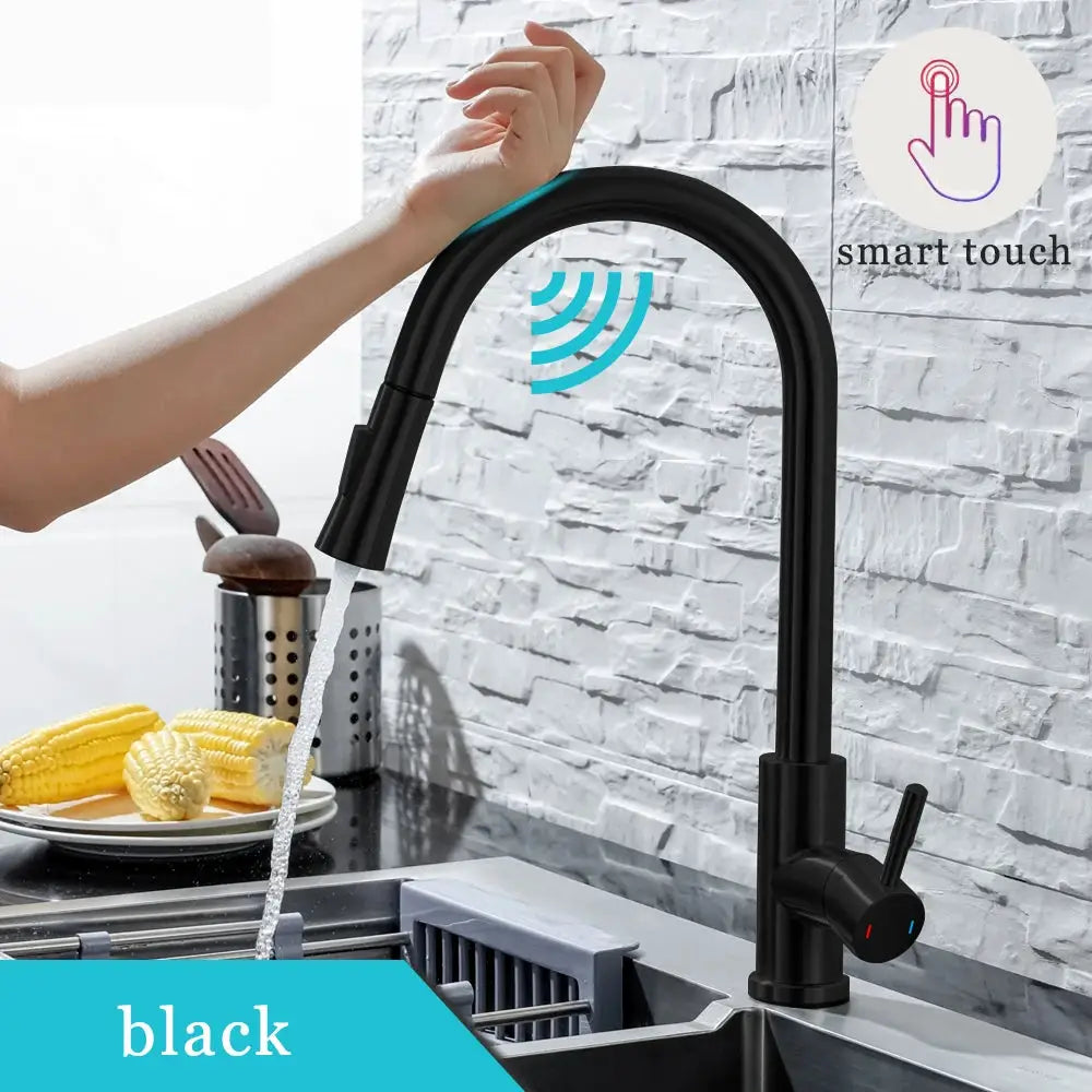 DQOK black pull-out kitchen faucet with touch sensor and gooseneck spout.