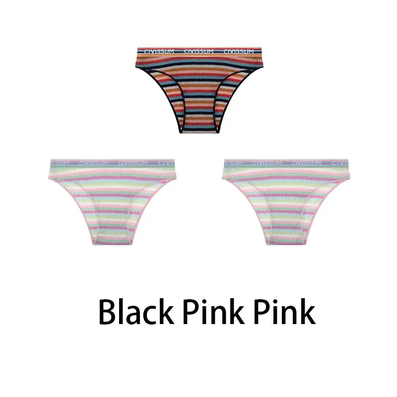 3-pack women's cotton half-hip panties in colorful rainbow stripes, low-waist briefs by Simples Market