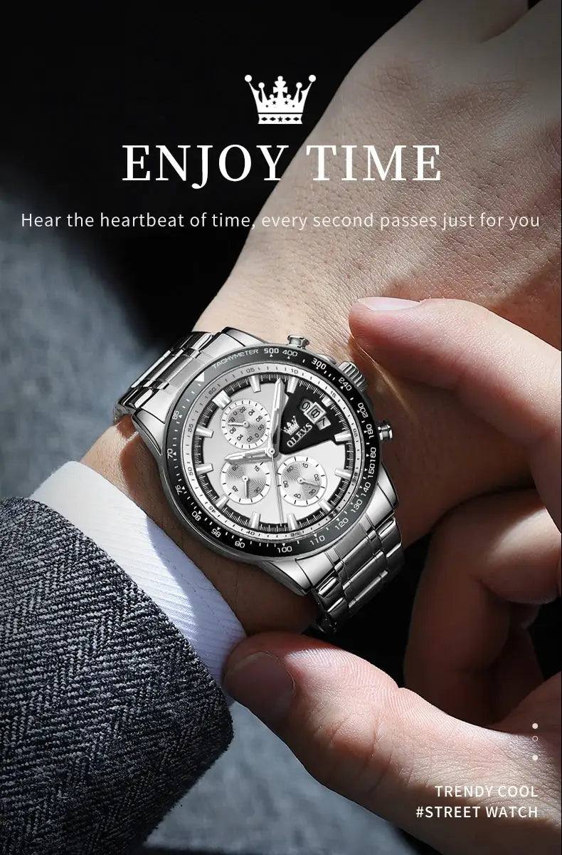 OLEVS TY705 men's stainless steel chronograph watch with silver dial