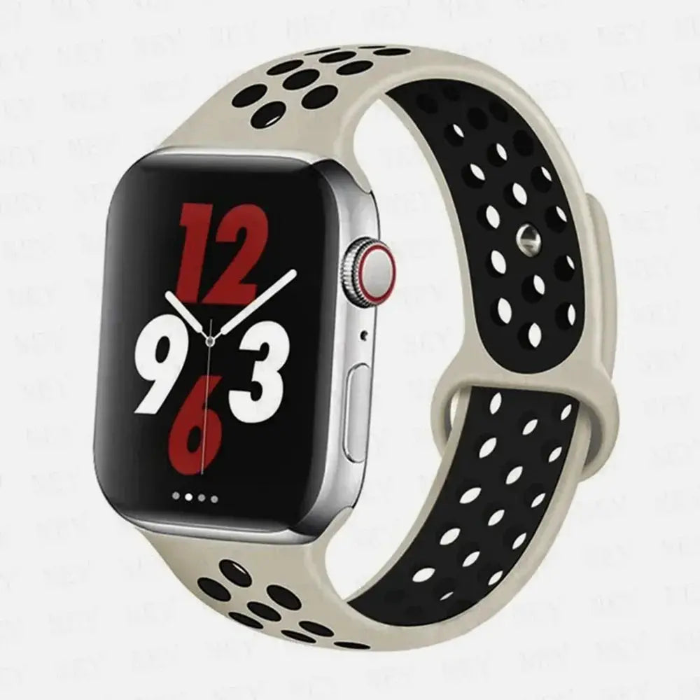 Silicone sport watch strap for Apple Watch, beige with black perforated holes, fits 38-45mm, Simples Market